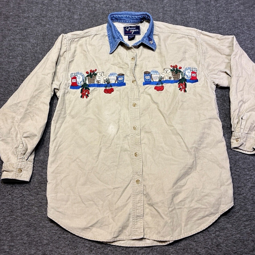 Vintage Let's Quizz Again Corduroy Shirt Womens Medium Embroidered 90s Grandma